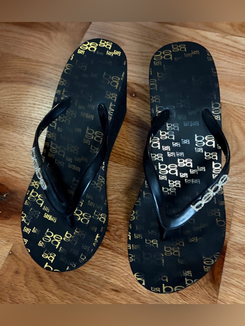 bebe Black Wedge Flip Flops with Gold Logo Print - Picture 4 of 4